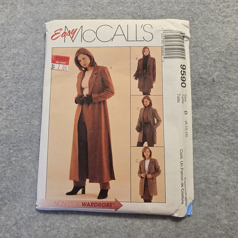 McCall's Easy Womens Coat Sewing Pattern Size 8-10-12 Contemporary Original 9590